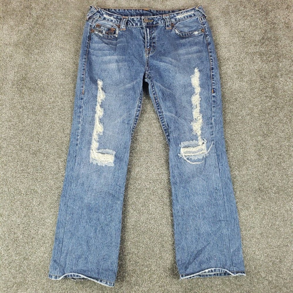 True Religion Jeans Sz 32 (34x30) Womens Bobby Distressed Blue Straight Denim